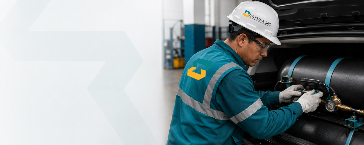 Técnico especializado inspeccionando cilindros de gas vehicular en un taller